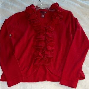 Thalian Xtract size M red cardigan sweater with ruffled neckline & center front
